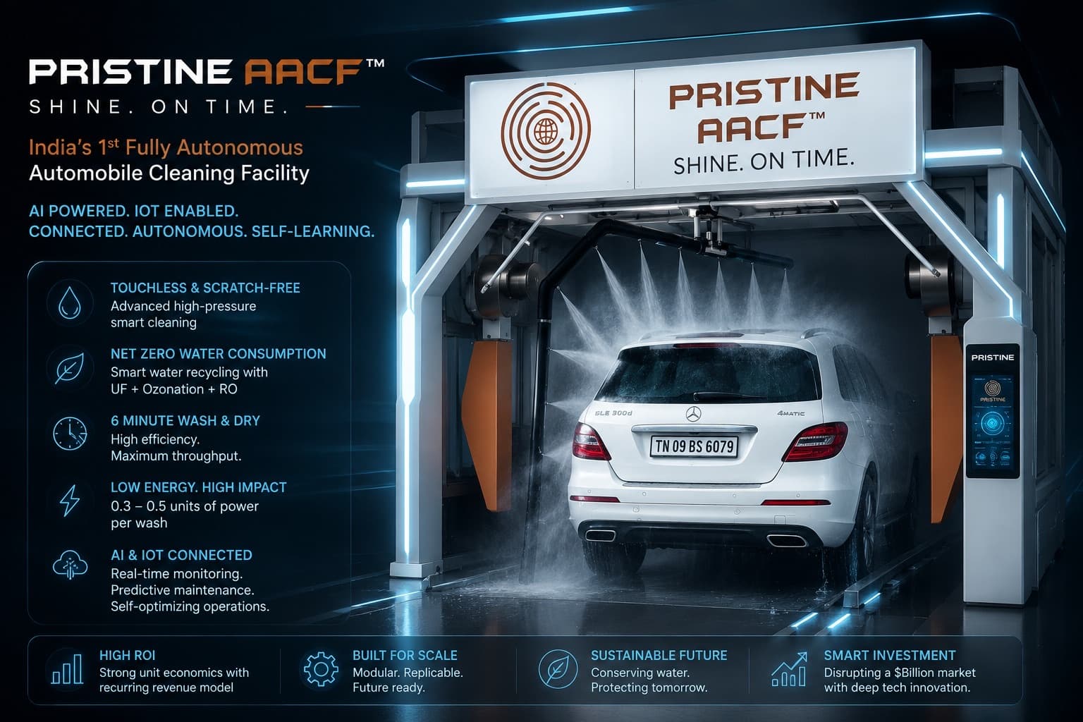 AACF-V2 automatic touchless car wash machine manufactured by PRISTINE AACF in Coimbatore, India