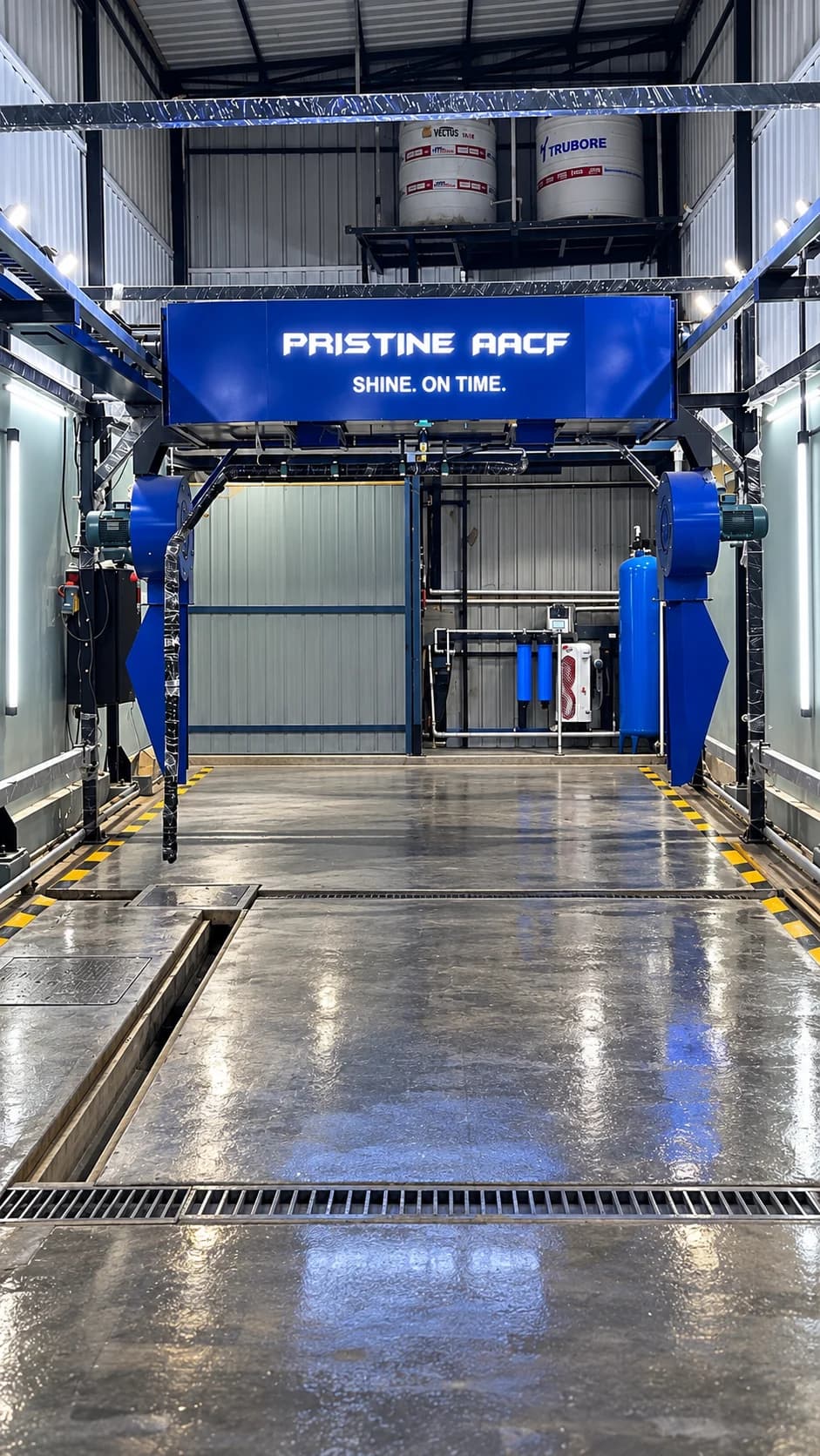 AACF-V2 automatic touchless car wash machine in its current blue design, with illuminated PRISTINE branding, side blowers, spray arm and overhead rails