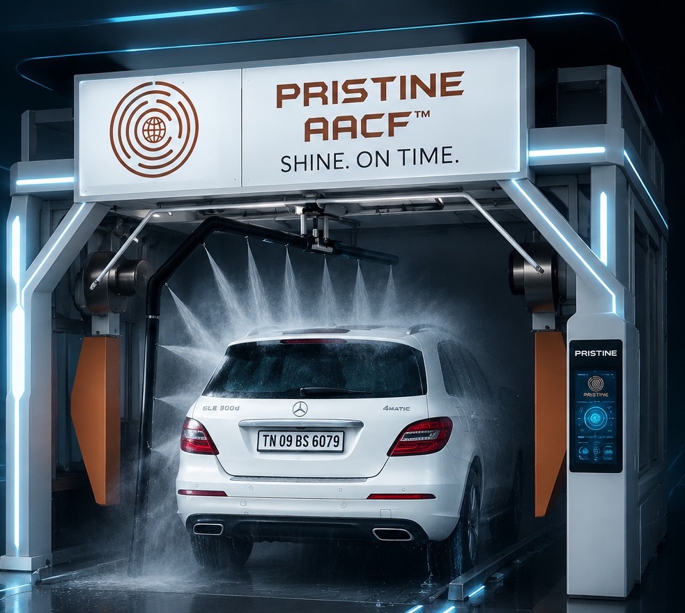 AACF-V2 automatic touchless car wash machine manufactured by PRISTINE AACF in Coimbatore, India